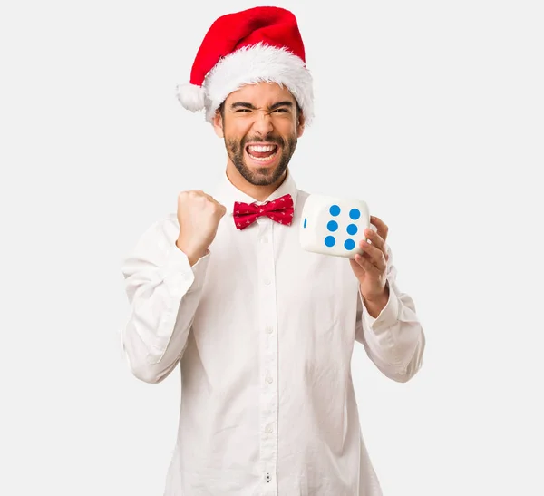 Man Santa Hat Holding Dice White Background — Stock Photo, Image