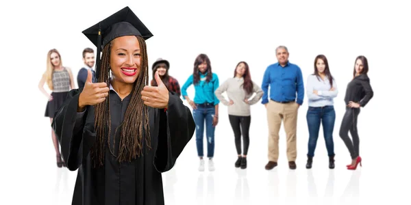 Young Graduated Black Woman Wearing Braids Cheerful Excited Smiling Raising — Stock Photo, Image