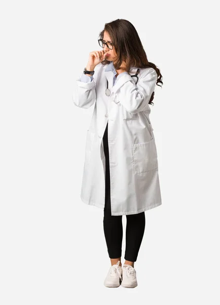 Full Body Young Doctor Woman Coughing Sick Due Virus Infection — Stock Photo, Image