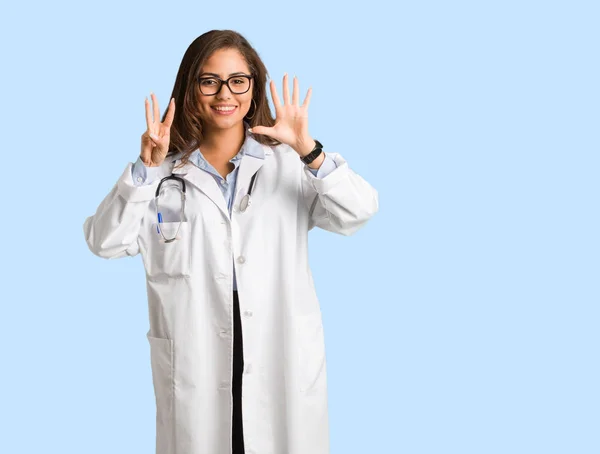 Full Body Young Doctor Woman Showing Number Eight — Stock Photo, Image