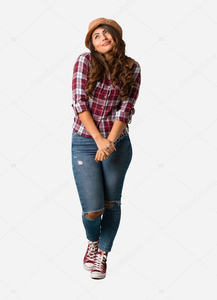 Full body young traveler curvy woman dreaming of achieving goals and purposes