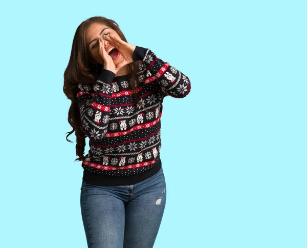 Full Body Young Woman Wearing Christmas Jersey Shouting Something Happy — Stock Photo, Image