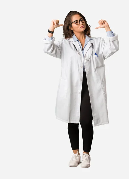 Full Body Young Doctor Woman Pointing Fingers Example Follow — Stock Photo, Image