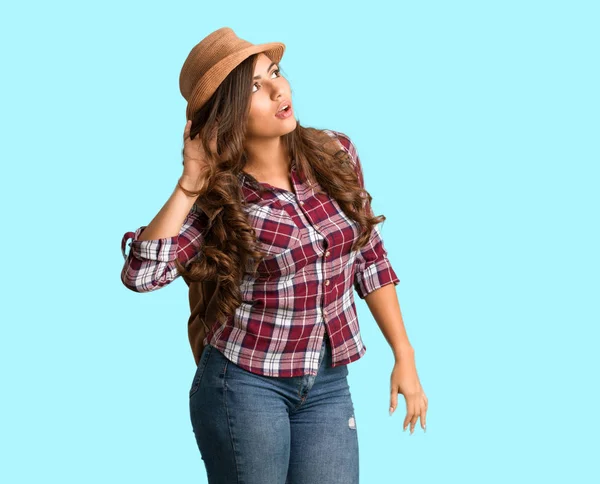 Full Body Young Traveler Curvy Woman Try Listening Gossip — Stock Photo, Image