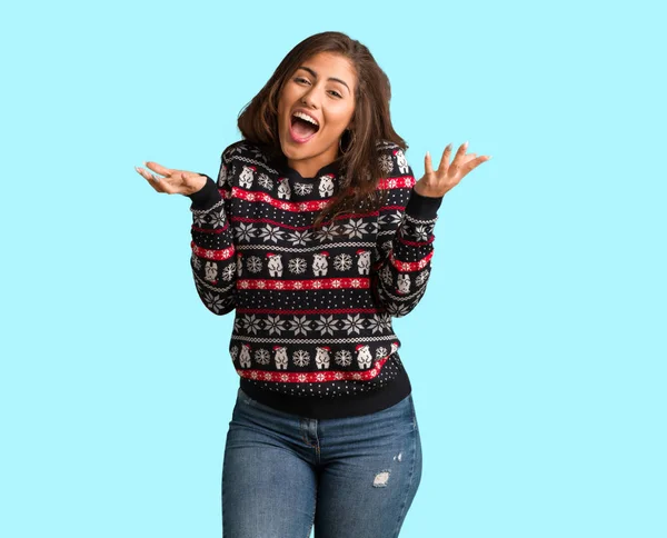 Mujer Joven Cuerpo Completo Vistiendo Una Camiseta Navidad Celebrando Una —  Fotos de Stock