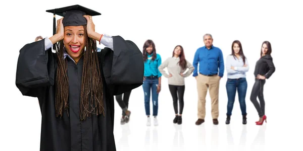 Young Graduated Black Woman Wearing Braids Frustrated Desperate Angry Sad — Stock Photo, Image