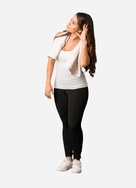 Celého Těla Mladých Fitness Křivky Žena Snaží Poslouchá Drby — Stock fotografie