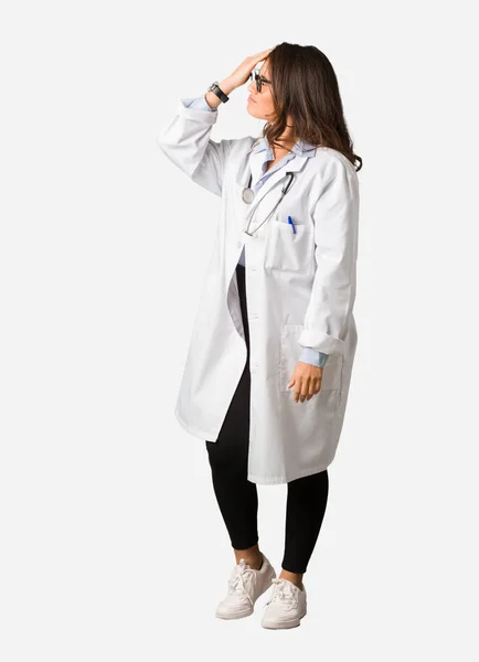 Full Body Young Doctor Woman Forgetful Realize Something — Stock Photo, Image