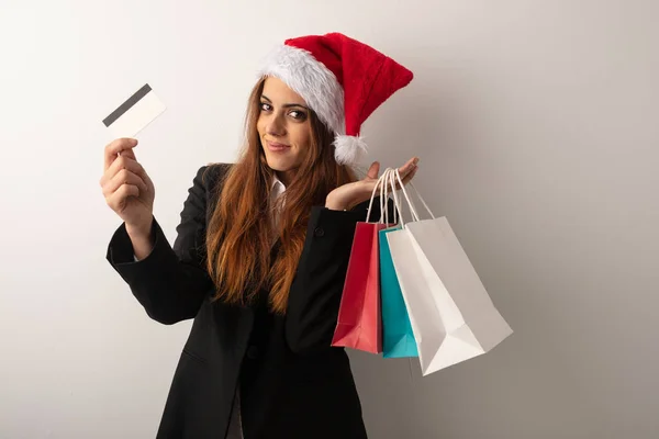 Ung Affärskvinna Santa Hatt Firar Juldagen — Stockfoto