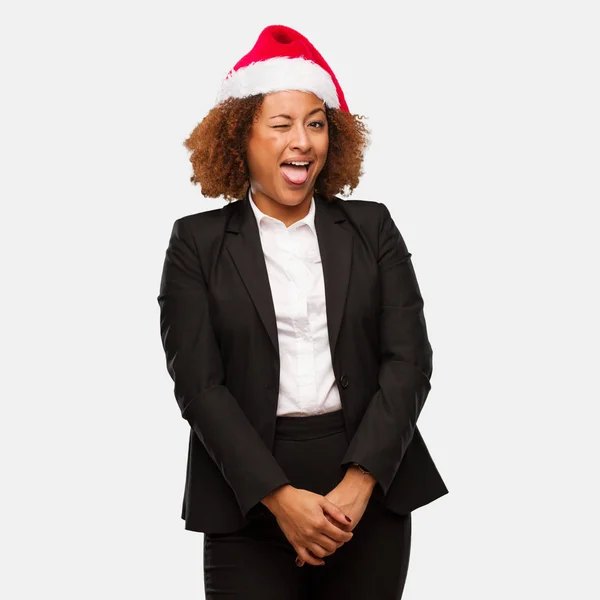 Joven Mujer Negra Negocios Con Chirstmas Sombrero Santa Divertida Amigable —  Fotos de Stock