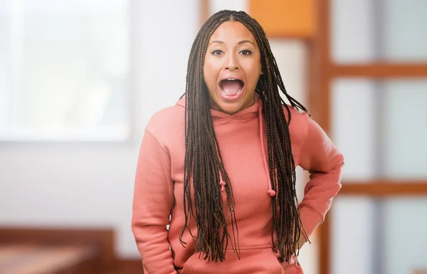 Portrait Young Black Woman Wearing Braids Screaming Angry Expression Madness — Stock Photo, Image