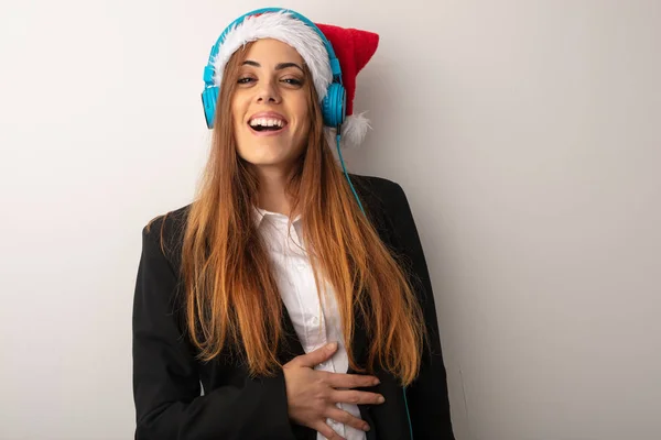 Joven Mujer Negocios Con Sombrero Santa Celebrando Día Navidad —  Fotos de Stock