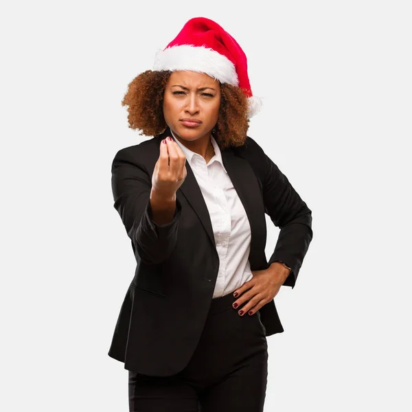 Young Business Black Woman Wearing Chirstmas Santa Hat Doing Typical — Stock Photo, Image