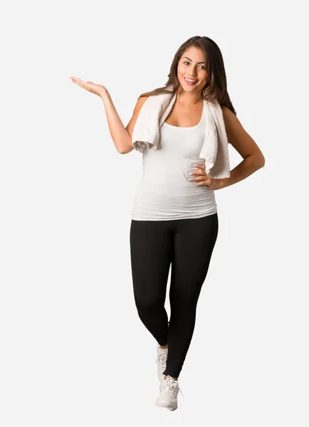 Volledige Lichaam Jonge Fitness Bochtige Vrouw Iets Met Hand Houden — Stockfoto