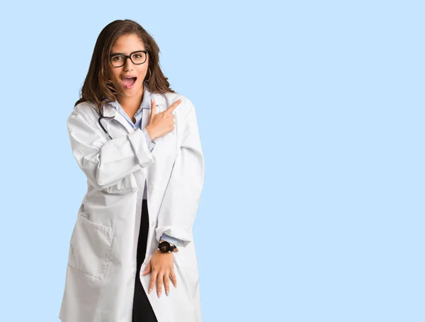 Full Body Young Doctor Woman Pointing Side — Stock Photo, Image