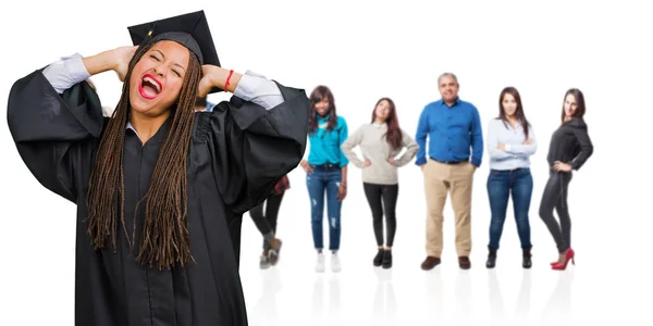 Young Graduated Black Woman Wearing Braids Crazy Desperate Screaming Out — Stock Photo, Image