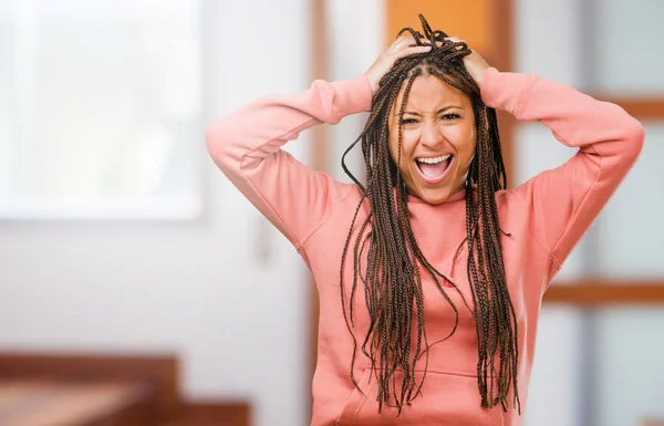 Portrait Young Black Woman Wearing Braids Crazy Desperate Screaming Out — Stock Photo, Image