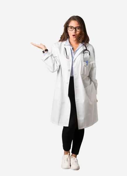 Full Body Young Doctor Woman Holding Something Palm Hand — Stock Photo, Image