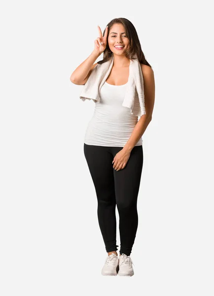 Full Body Young Fitness Curvy Woman Fun Happy Doing Gesture — Stock Photo, Image