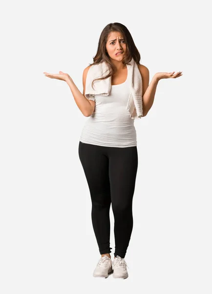 Full Body Young Fitness Curvy Woman Confused Doubtful — Stock Photo, Image