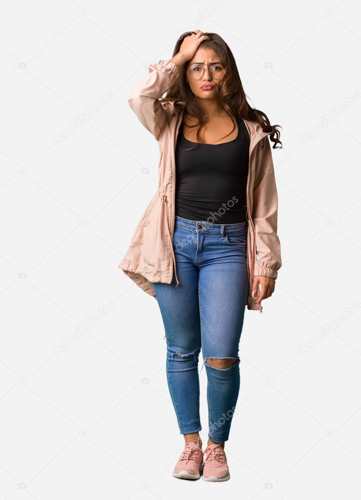 Full body young curvy woman tired and very sleepy