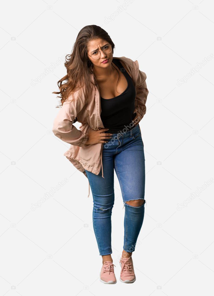 Full body young curvy woman scolding someone very angry