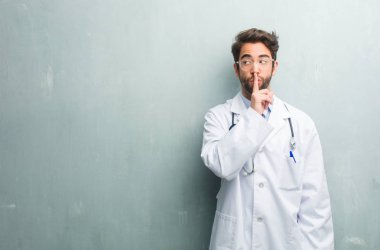 Genç dostu Doktor adam gizli tutmak veya soran sessizlik, ciddi bir yüz, itaat kavram için bir kopya alanı ile bir grunge duvara