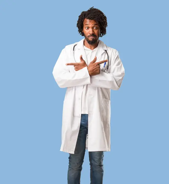 Handsome African American Medical Doctor Confused Doubtful Man Decide Two — Stock Photo, Image