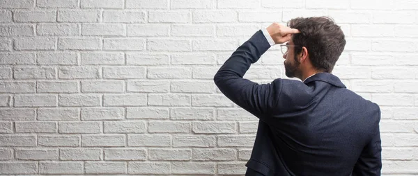 Young Friendly Business Man Showing Back Posing Waiting Looking Back — Stock Photo, Image