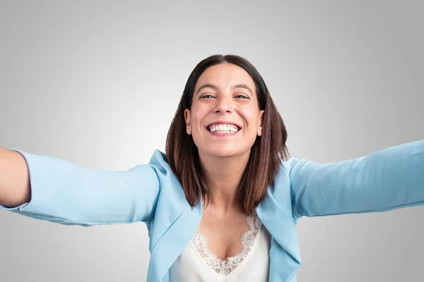 Midden Leeftijd Vrouw Die Lacht Gelukkig Het Nemen Van Een — Stockfoto