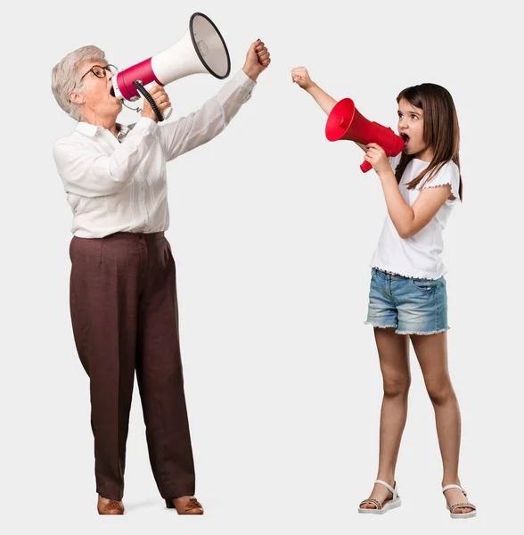 Full Body Elderly Lady Her Granddaughter Excited Euphoric Shouting Megaphone — Stock Photo, Image