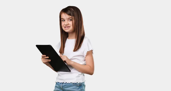 Full Body Little Girl Smiling Confident Holding Tablet Using Surf — Stock Photo, Image