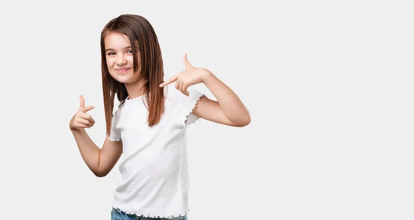 Tam Vücut Küçük Kız Gurur Kendinden Emin Işaret Parmağı Örnek — Stok fotoğraf