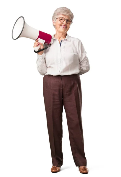 Całego Ciała Starszy Kobieta Podekscytowany Euforii Krzycząc Megafonem Znak Rewolucji — Zdjęcie stockowe