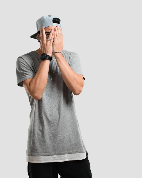 Young Rapper Man Feels Worried Scared Looking Covering Face Concept — Stock Photo, Image