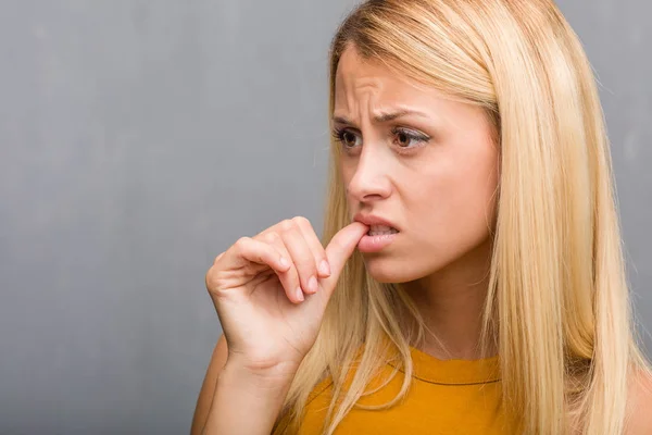 Face Closeup Portrait Natural Young Blonde Woman Biting Nails Nervous — Stock Photo, Image