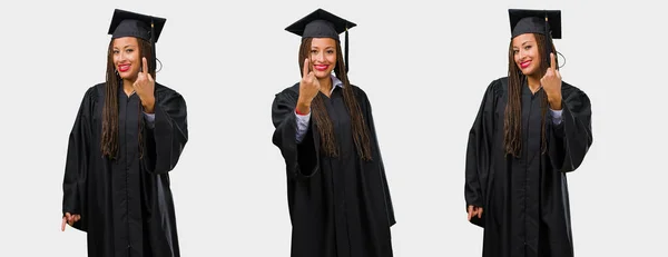 Set Lot Graduated Young Black Woman Showing Number One Symbol — Stock Photo, Image