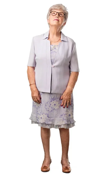 Full Body Senior Woman Looking Thinking Something Fun Having Idea — Stock Photo, Image