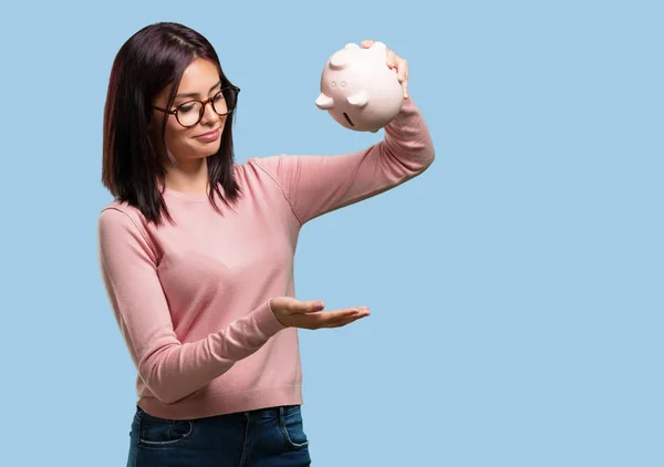 Young Pretty Woman Sad Disappointed Holding Piglet Bank Money Left — Stock Photo, Image
