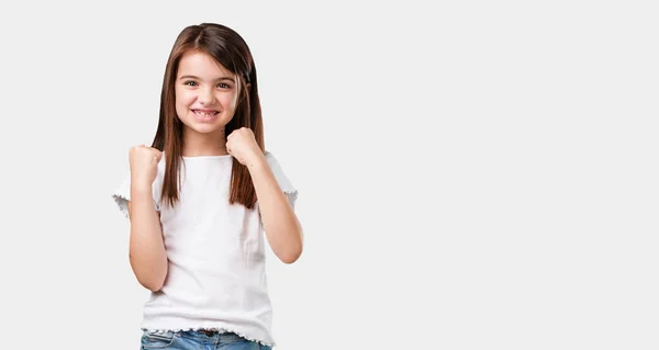 Full Body Little Girl Very Happy Excited Raising Arms Celebrating — Stock Photo, Image