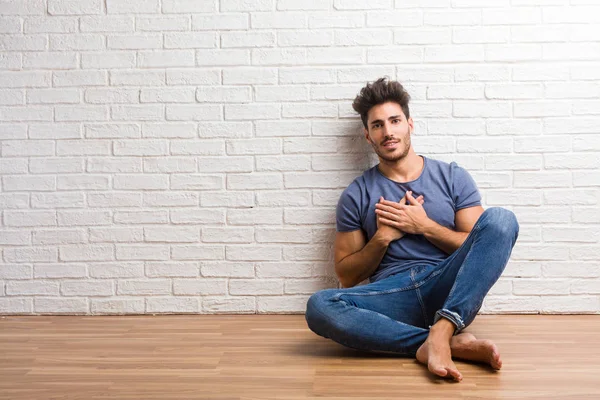 Young Natural Man Sit Wooden Floor Doing Romantic Gesture Love — Stock Photo, Image