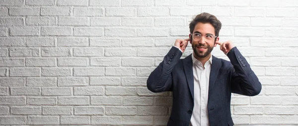 Young Friendly Business Man Covering Ears Hands Angry Tired Hearing — Stock Photo, Image