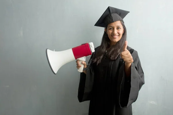 Young Graduated Indian Woman Wall Cheerful Excited Smiling Raising Her — Stock Photo, Image