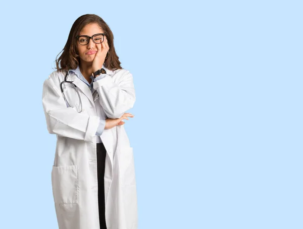 Full Body Young Doctor Woman Tired Very Sleepy — Stock Photo, Image