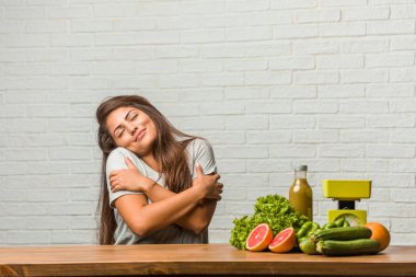 Diyet kavramı. İşaret parmakları, örnek takip etmek, kavramı memnuniyeti, kibir ve sağlık sağlıklı genç bir latin kadın gurur ve kendinden emin, portresi