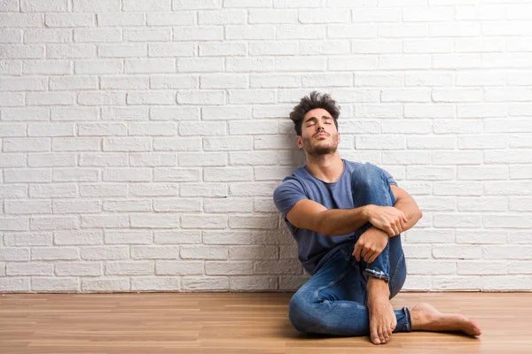 Young Natural Man Sit Wooden Floor Proud Confident Pointing Fingers — Stock Photo, Image