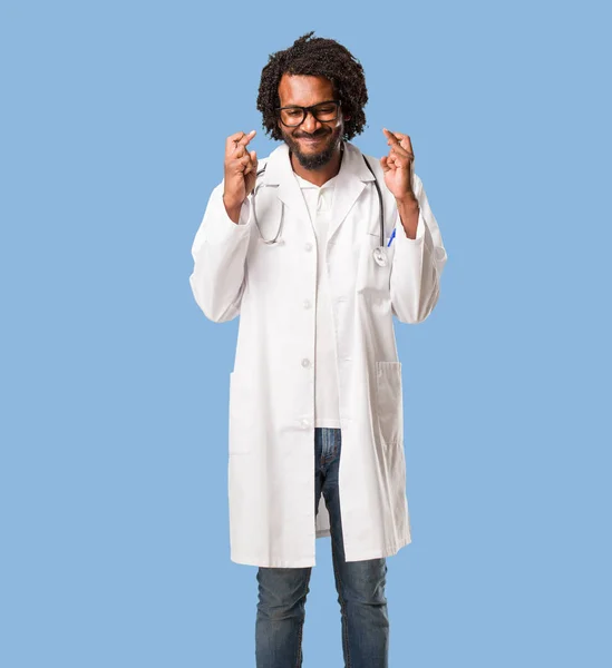 Handsome African American Medical Doctor Crossing His Fingers Wishes Lucky — Stock Photo, Image