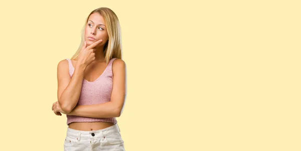 Portrait Young Pretty Blonde Woman Thinking Looking Confused Idea Would — Stock Photo, Image