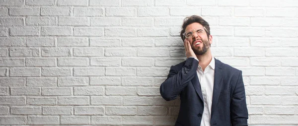 Young Friendly Business Man Frustrated Desperate Angry Sad Hands Head — Stock Photo, Image