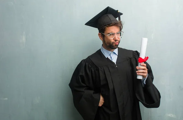 Young Graduated Man Grunge Wall Copy Space Very Angry Upset — Stock Photo, Image